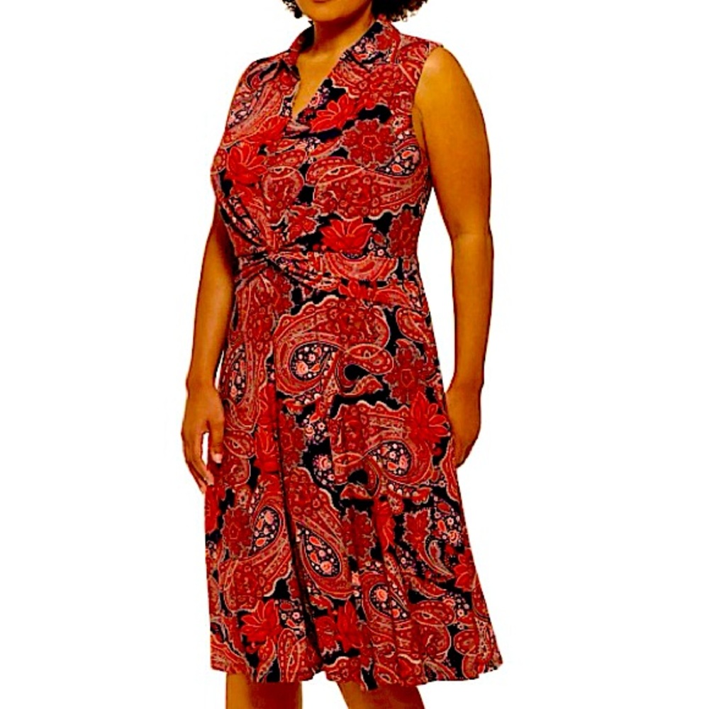 TOMMY BAHAMA GATHERED FRONT SLEEVELESS DRESS IN DEEP PAISLEY 20W